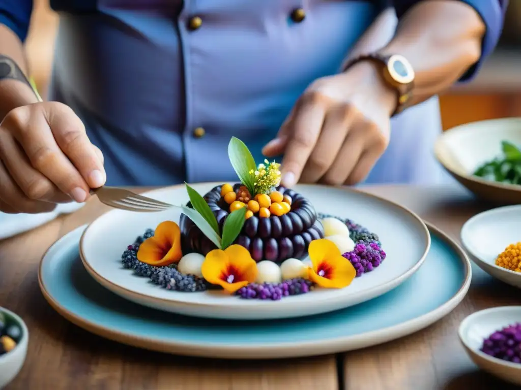 Un chef peruano experto crea una presentación gastronómica detallada con maíz morado, flores y salsas coloridas en un plato de cerámica tradicional