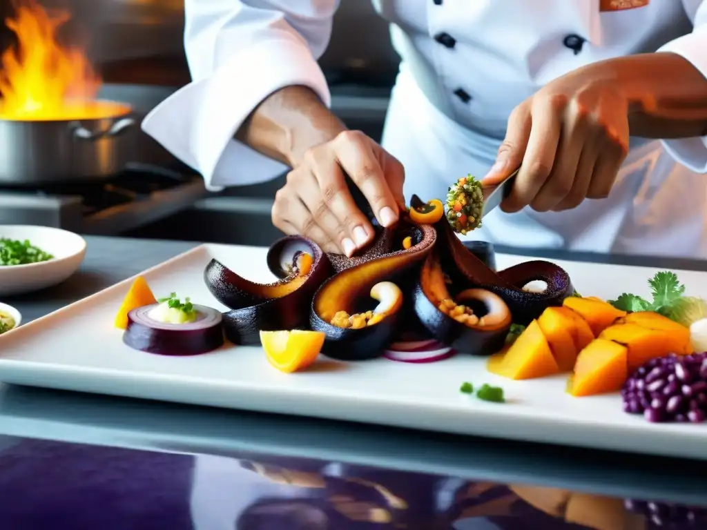 Un chef peruano experto preparando pulpo rodeado de ingredientes frescos en una cocina bulliciosa