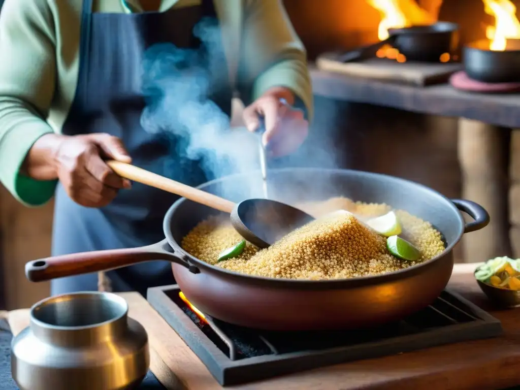 Un chef peruano experto removiendo quinua en una olla sobre fuego abierto