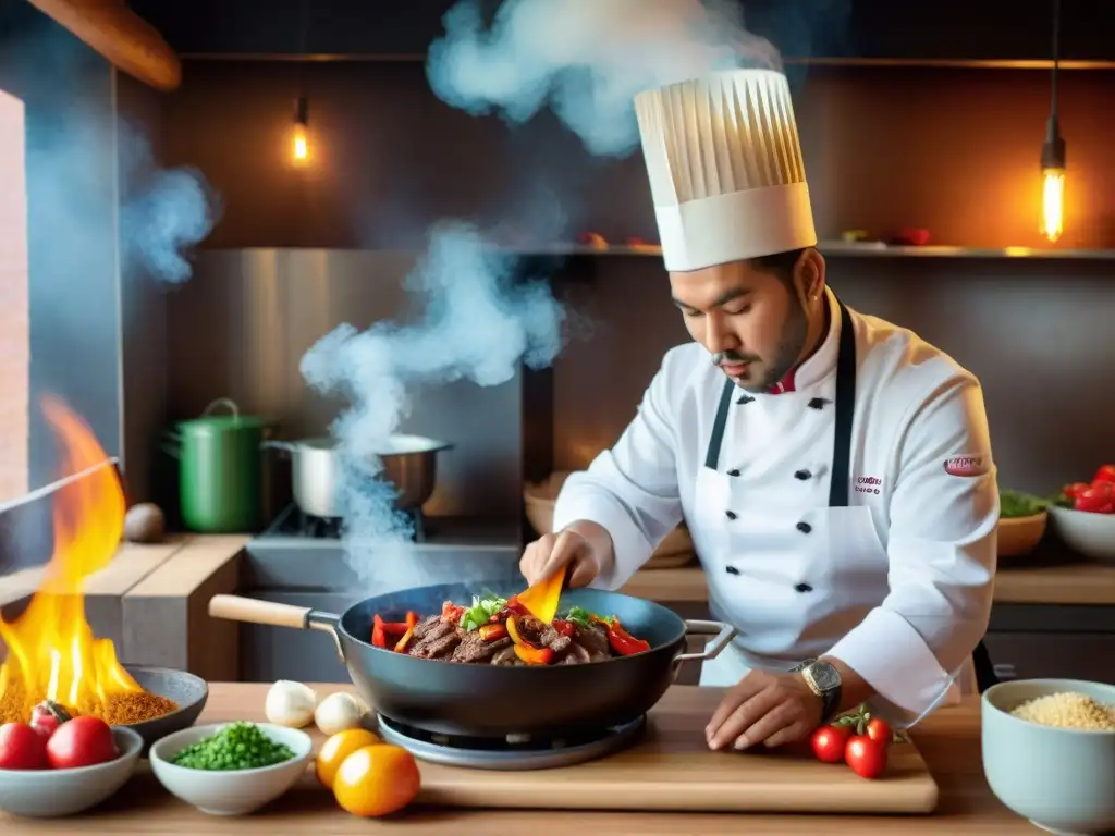 Un chef peruano experto preparando una receta de Lomo Saltado de Alpaca en una cocina tradicional, creando una fusión de sabores