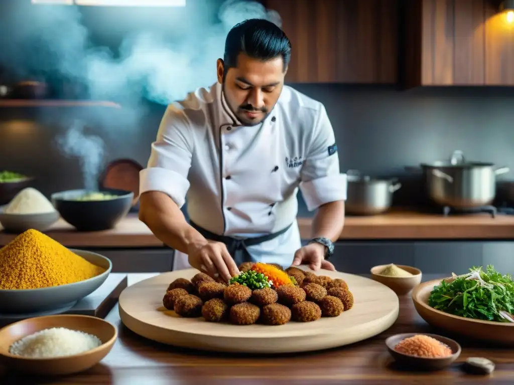 Chef peruano experto preparando receta tradicional de tacu tacu en cocina contemporánea