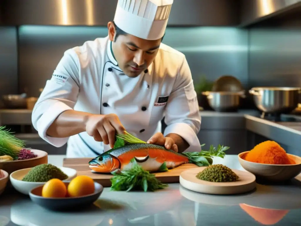 Un chef peruano experto preparando una receta innovadora de trucha andina en una cocina moderna