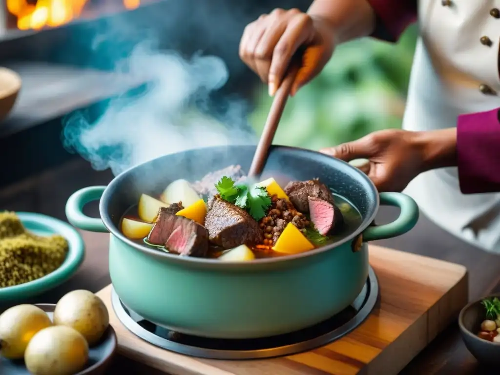 Un chef peruano experto preparando una receta auténtica chanfainita peruana con ternera tierna, papas y especias en un caldo sabroso