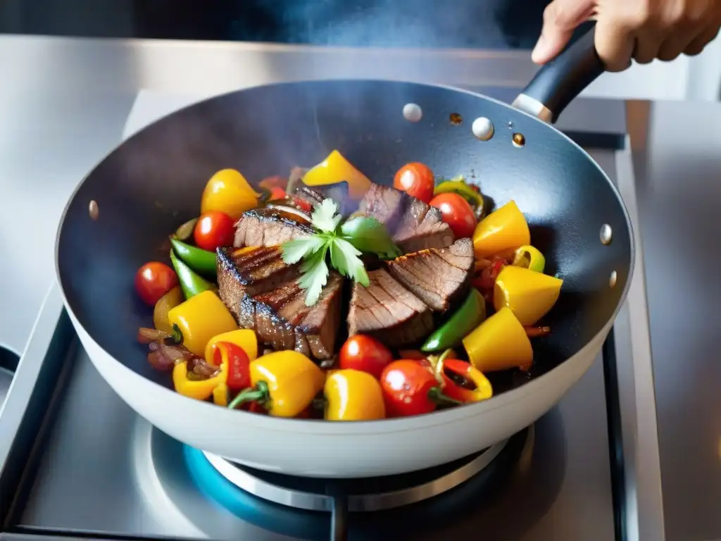 Chef peruano experto preparando receta lomo saltado cocina fusión con precisión y arte