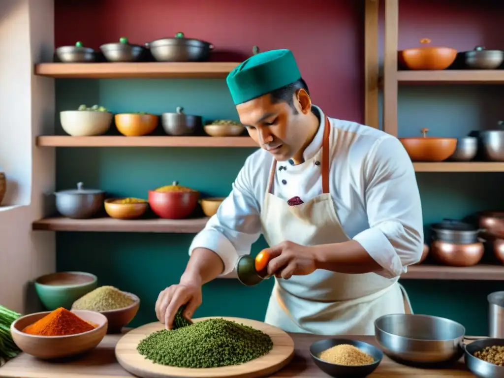 Un chef peruano experto prepara una Receta Picante de Cuy Peruano en una cocina tradicional llena de coloridas especias y utensilios