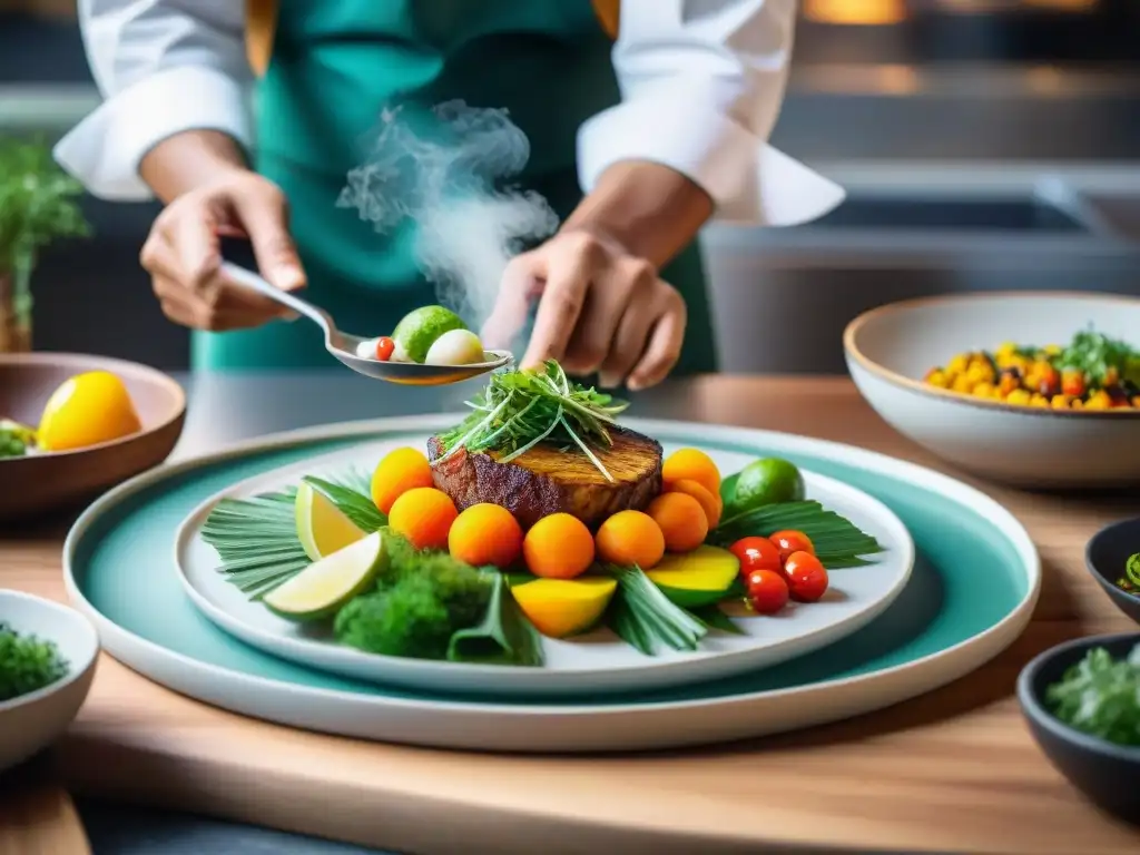 Un chef peruano experto prepara una receta tradicional Ayampaco pescado en una cocina moderna, rodeado de hierbas frescas y coloridos ingredientes