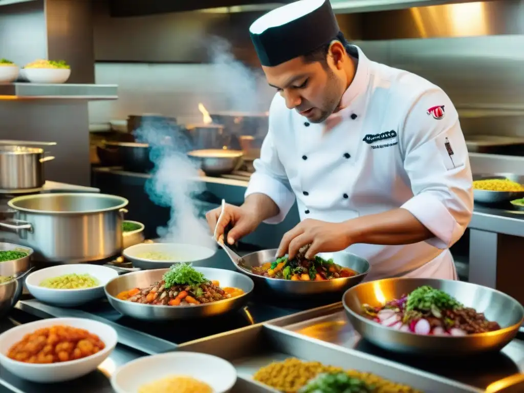 Un chef peruano experto preparando recetas ancestrales gastronomía peruana en una cocina de alta gama en Lima