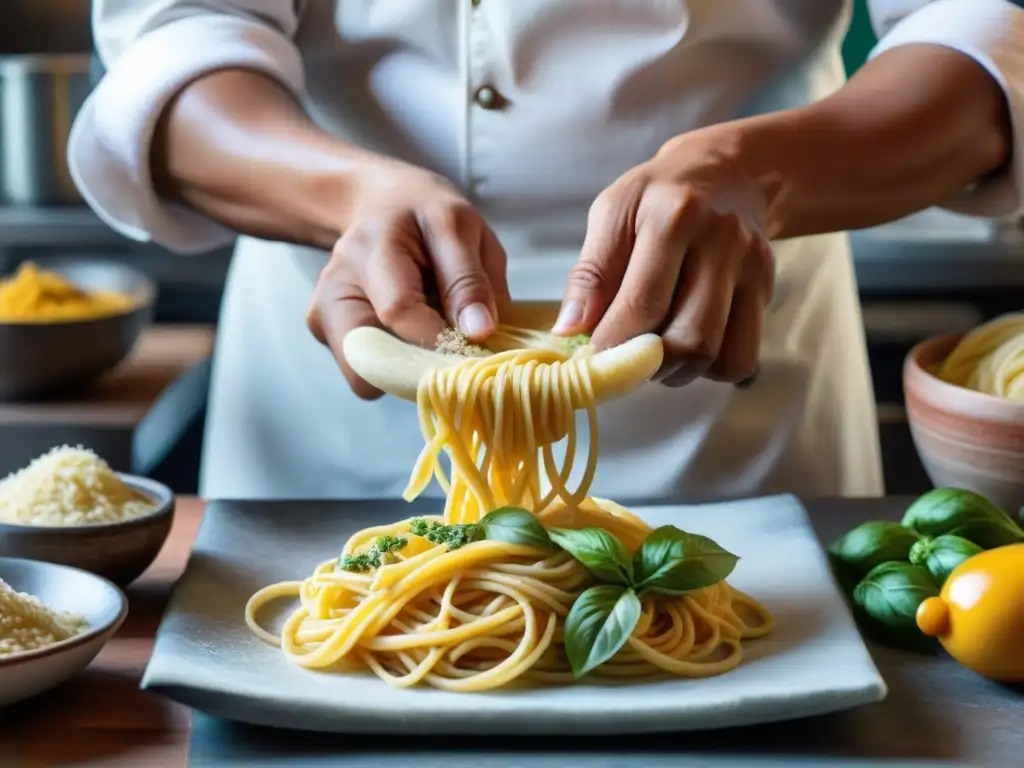 Un chef peruano experto elabora recetas de pastas peruanas auténticas en una cocina bulliciosa y colorida