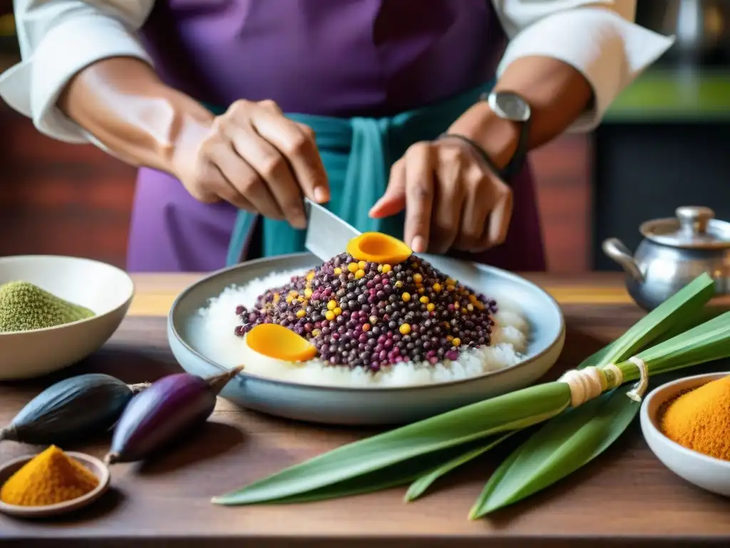 Un chef peruano experto preparando recetas ancestrales gastronomía peruana con ingredientes nativos en una cocina tradicional en Lima