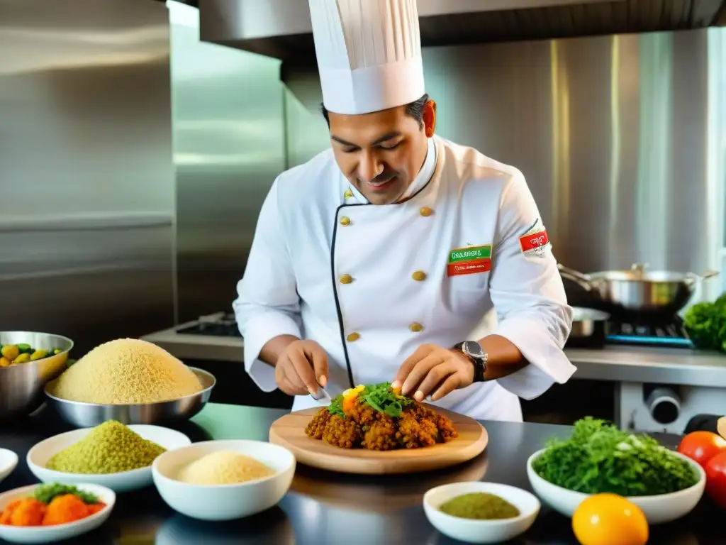 Un chef peruano experto preparando caigua rellena en una cocina moderna