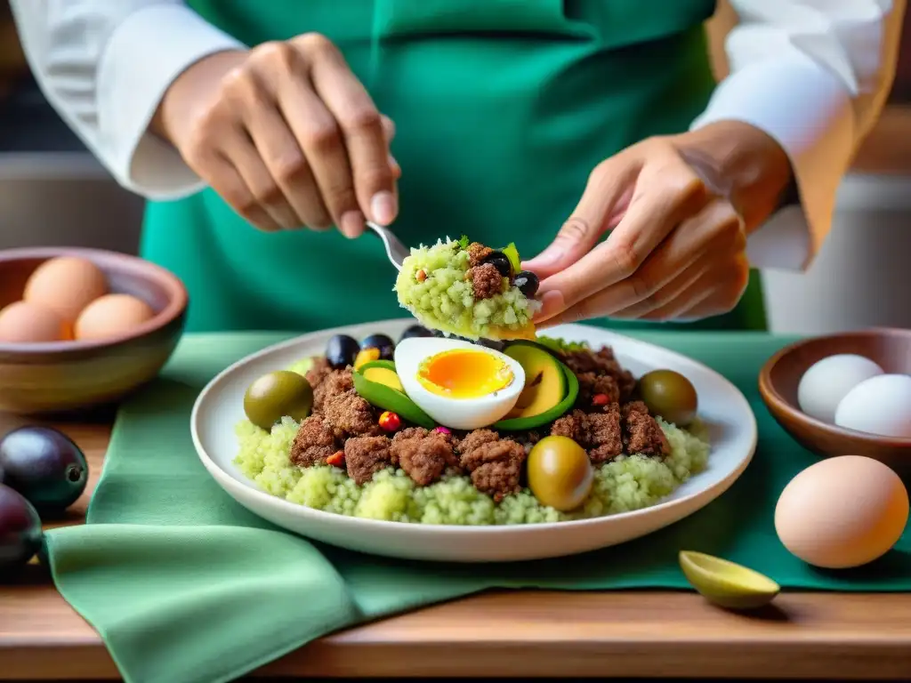 Un chef peruano experto preparando caigua rellena con carne, aceitunas y huevos en una cocina tradicional