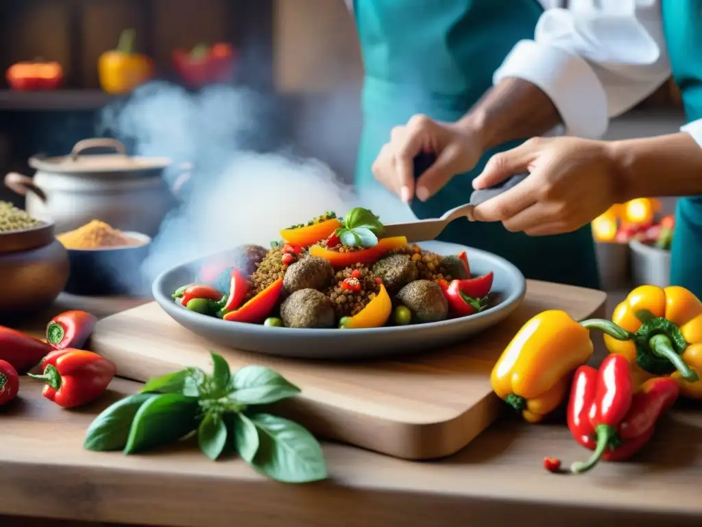 Un chef peruano experto preparando Rocoto Relleno en una cocina tradicional, conectado con los Orígenes del Rocoto Relleno Peruano