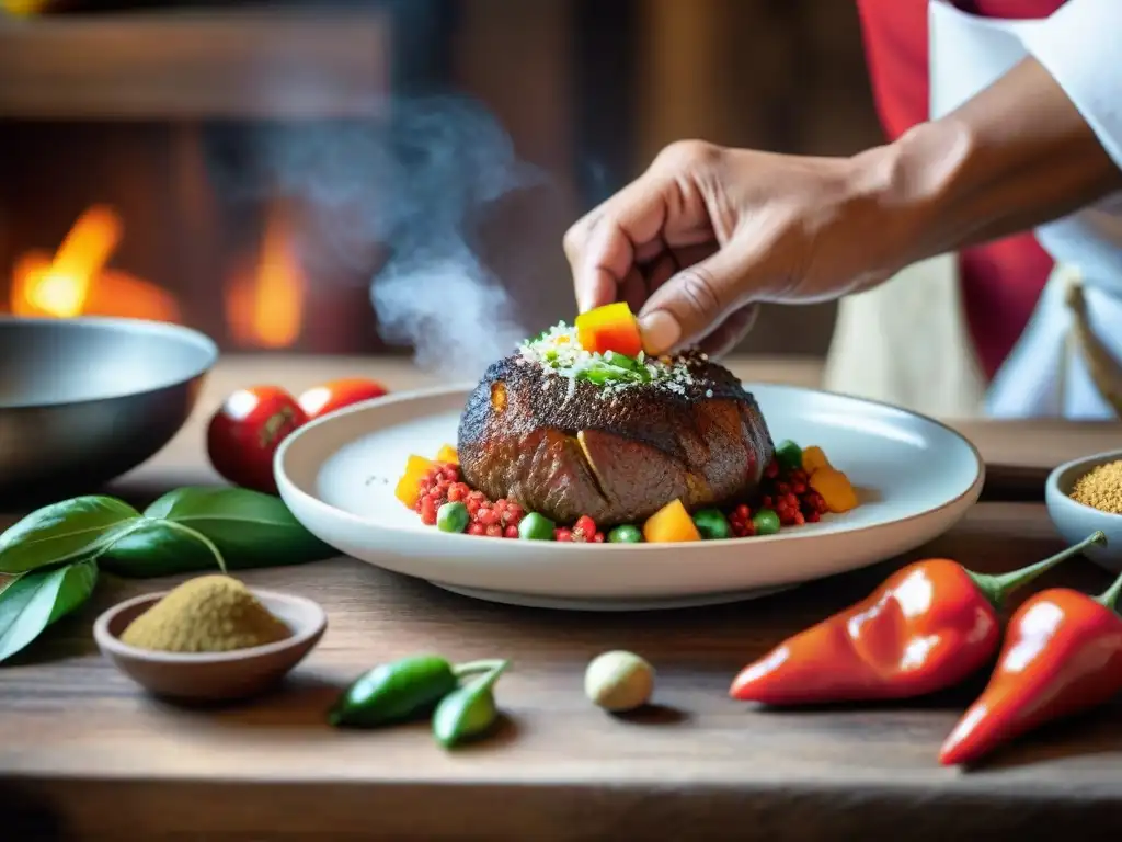 Un chef peruano experto rellena un rocoto rojo con mezcla de carne y especias en una cocina tradicional