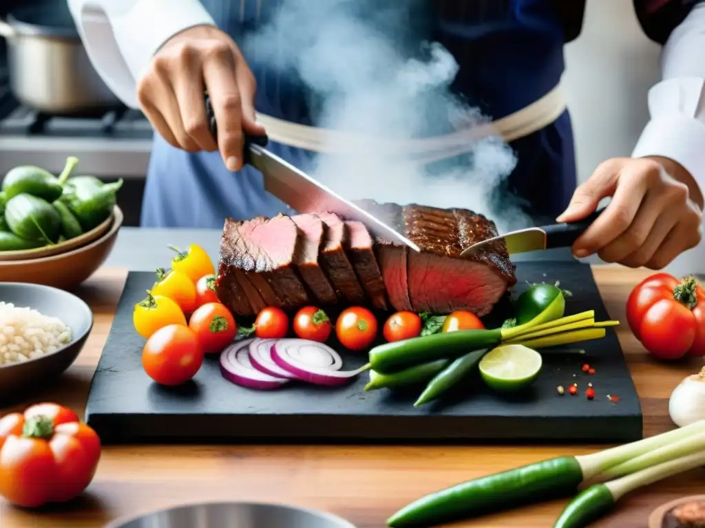 Un chef peruano experto cortando lomo saltado en una piedra caliente, rodeado de coloridas verduras frescas