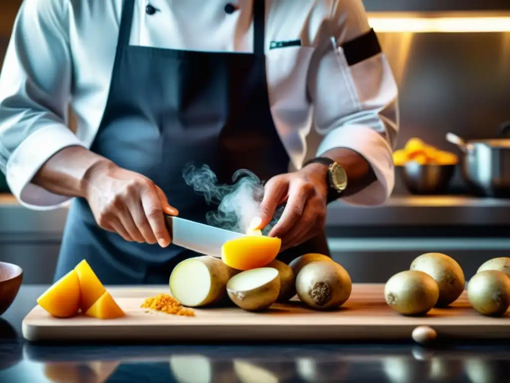 Un chef peruano experto cortando sango en una cocina moderna, resaltando los beneficios del sango en cocina