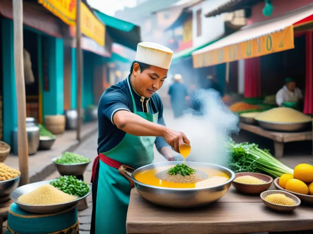 Un chef peruano experto sirviendo sopa de quinoa en un mercado limeño