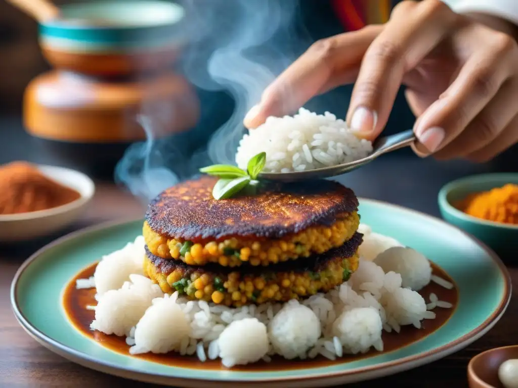 Un chef peruano experto moldeando tacu tacu con detalle, en una cocina tradicional