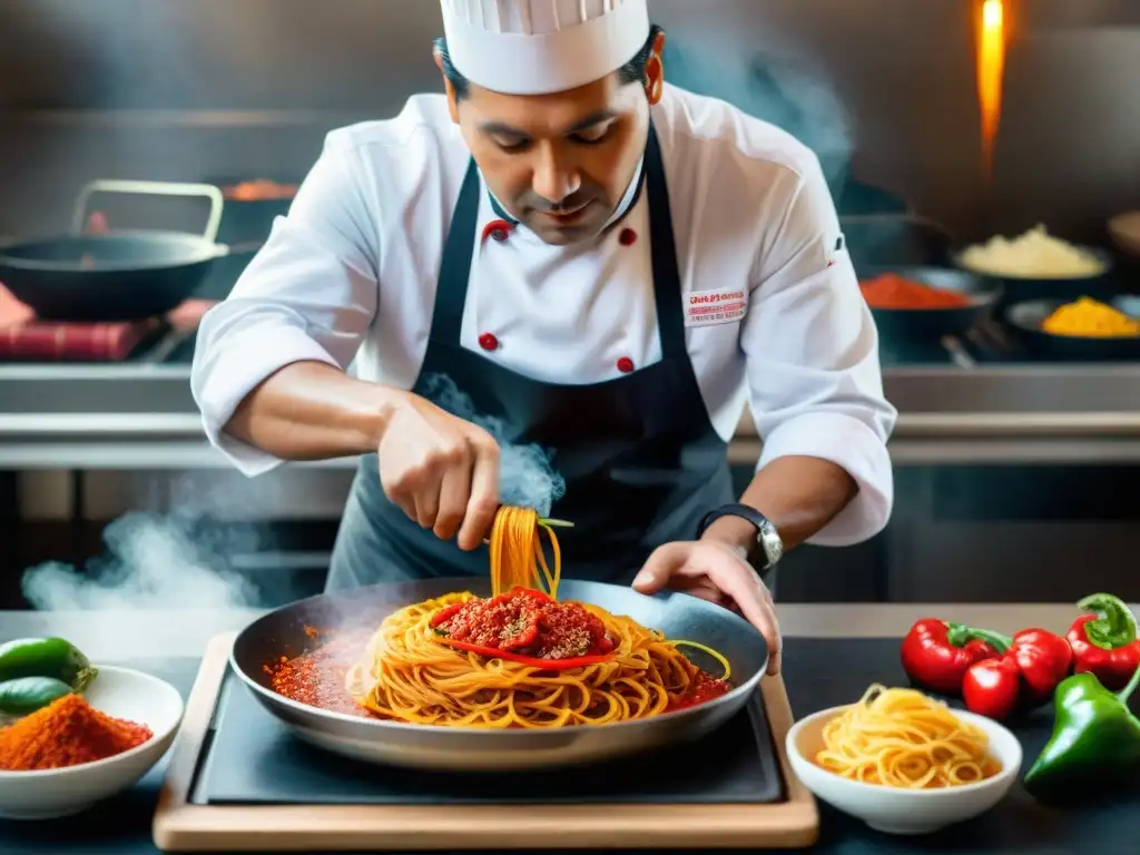 Un chef peruano experto preparando tallarines rojos con ají panca