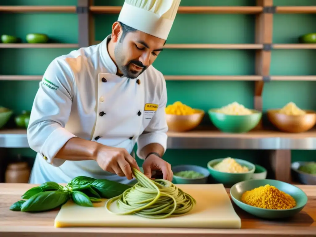 Un chef peruano experto en tallarines verdes, amasa pasta verde con esmero en una cocina auténtica