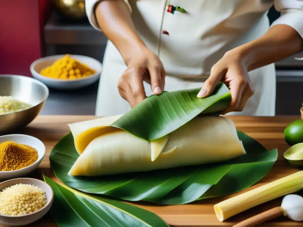 Un chef peruano experto elaborando un tamal tradicional rodeado de utensilios modernos, fusionando tradición y modernidad en la cocina