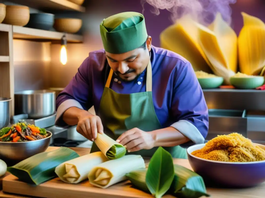 Un chef peruano experto preparando tamales con ingredientes tradicionales