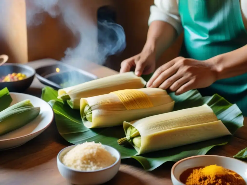 Un chef peruano experto preparando tamales con ingredientes vibrantes en una cocina tradicional