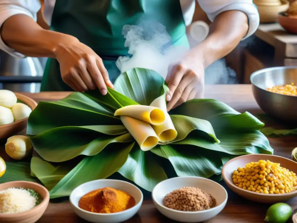 Un chef peruano experto preparando tamales en una cocina tradicional llena de color y sabor