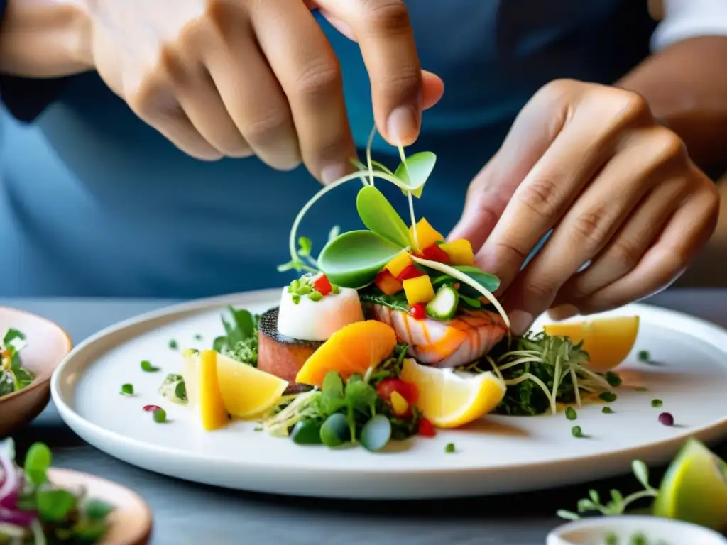 Un chef peruano experto en técnicas de fusión contemporánea ensambla con precisión un ceviche moderno