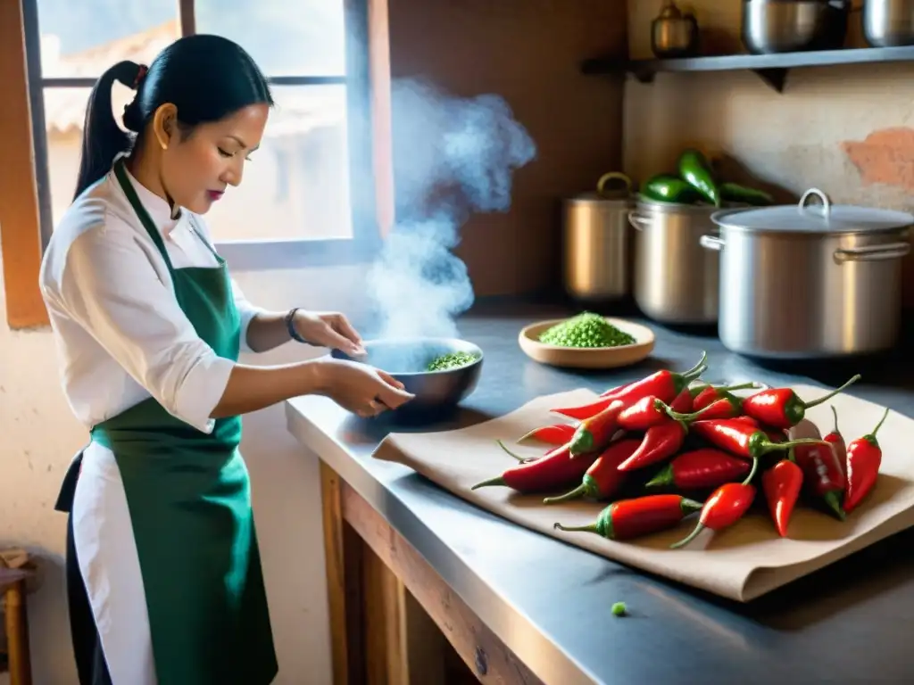 Un chef peruano experto en técnicas deshidratar ajíes ensarta con cuidado ajíes rojos brillantes en un hilo rústico en una cocina soleada y auténtica