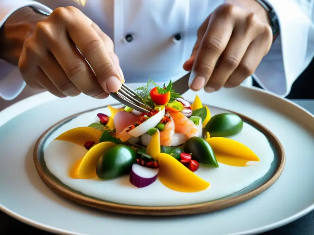 Un chef peruano experto en técnicas de presentación gastronómica impecable arregla un ceviche colorido con precisión y arte