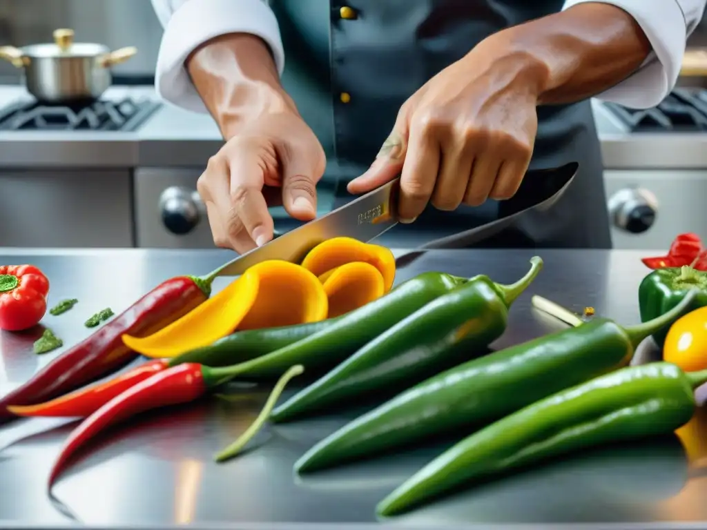 Un chef peruano experto en técnicas innovadoras para potenciar ají corta con precisión los vibrantes pimientos aji rojos, amarillos y verdes en una cocina profesional