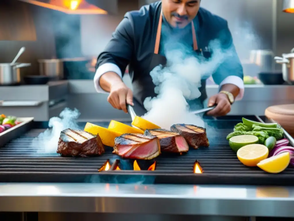 Un chef peruano experto en técnicas modernas grillando ingredientes coloridos en una parrilla de alta tecnología, en una cocina contemporánea