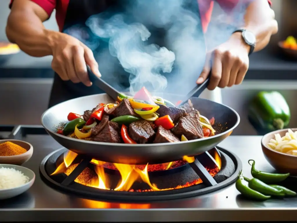 Un chef peruano experto en técnicas lomo saltado cocina a fuego alto con destreza, creando una imagen vibrante y llena de tradición culinaria