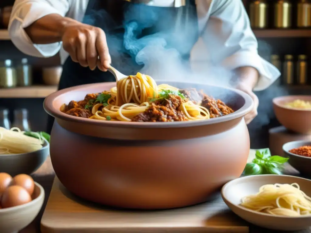 Un chef peruano experto fusiona técnicas italianas y sabores peruanos al preparar una deliciosa Sopa Seca en una olla de barro