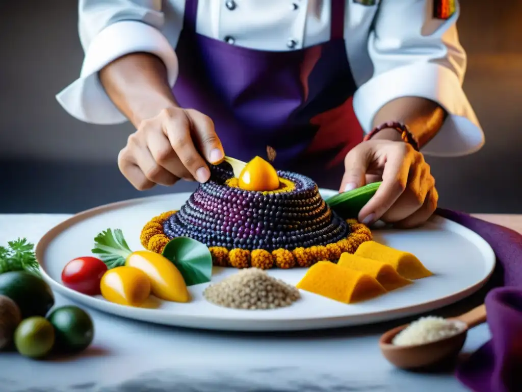 Un chef peruano experto en técnicas de emplatado cocina peruana dispone con destreza ingredientes coloridos en un plato blanco