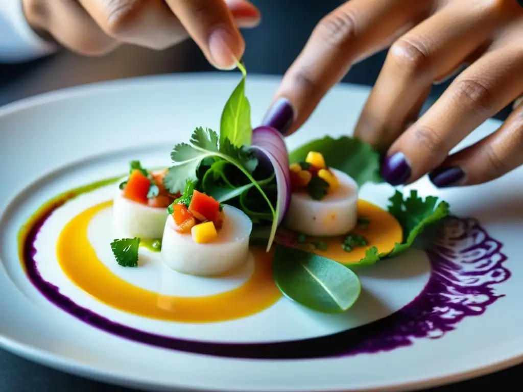 Un chef peruano experto en técnicas de emplatado cocina peruana coloca con destreza ceviche fresco en un plato blanco