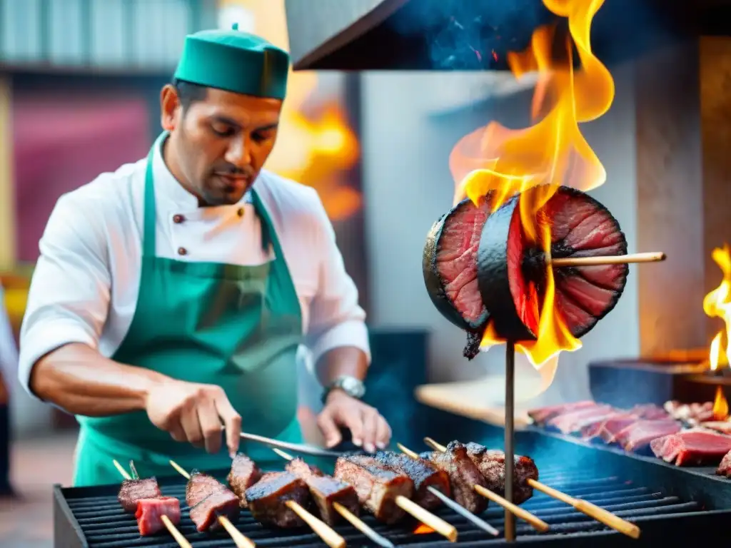 Un chef peruano experto en técnicas de barbacoa peruanas asa anticuchos sobre llamas en las vibrantes calles de Lima