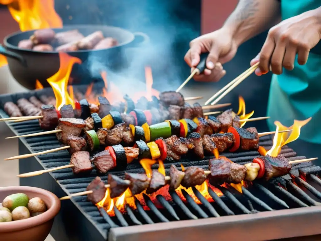 Un chef peruano experto en técnicas de barbacoa peruanas asa anticuchos sobre una parrilla tradicional