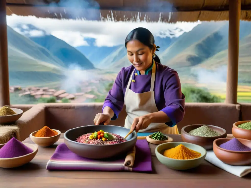 Un chef peruano experto en Técnicas culinarias andinas tradicionales prepara un plato colorido y complejo en un entorno andino tradicional