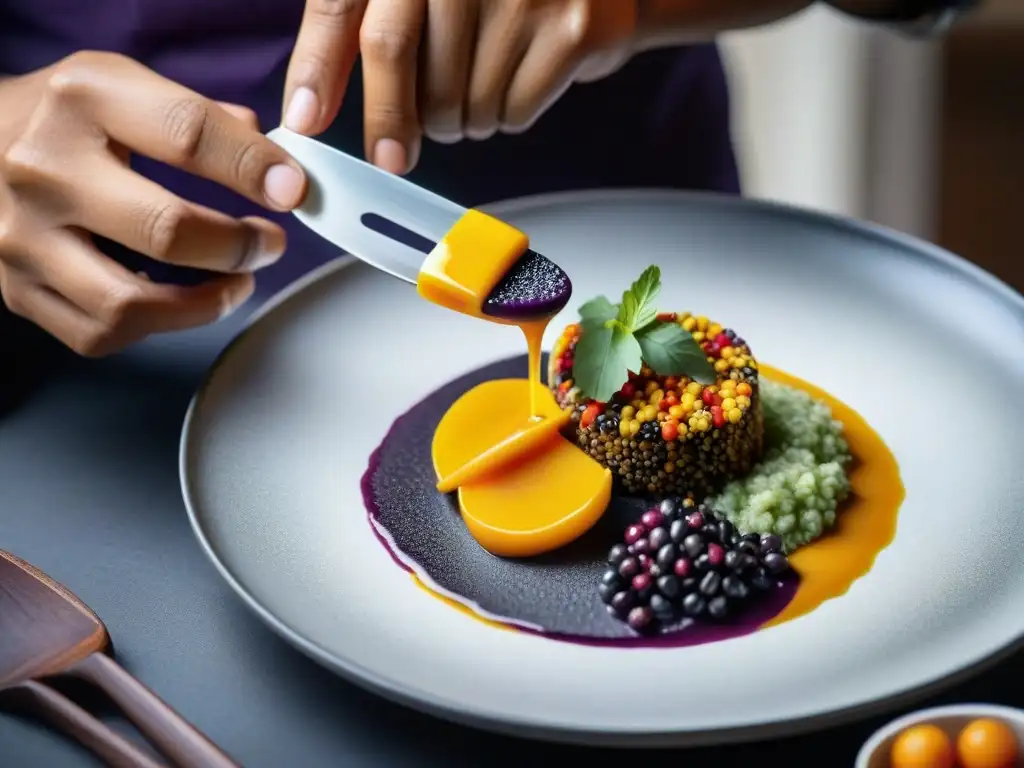 Un chef peruano experto en técnicas de fusión contemporánea de cocina peruana prepara un plato innovador con maestría