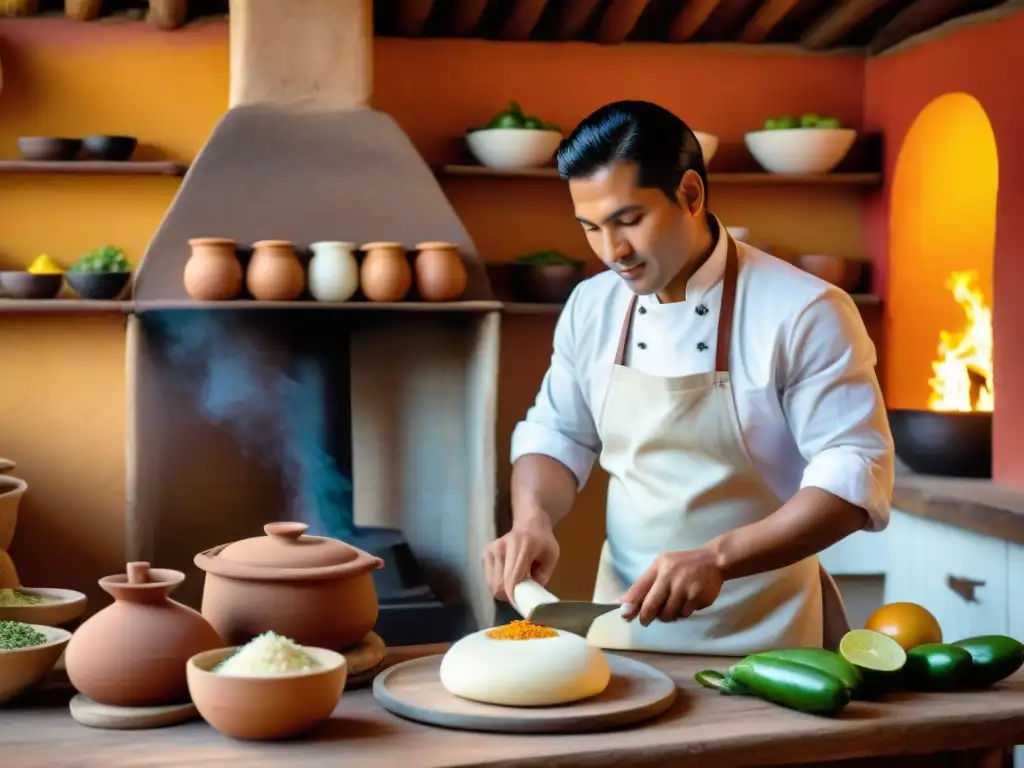 Un chef peruano experto preparando tequeños auténticos y deliciosos en una cocina tradicional