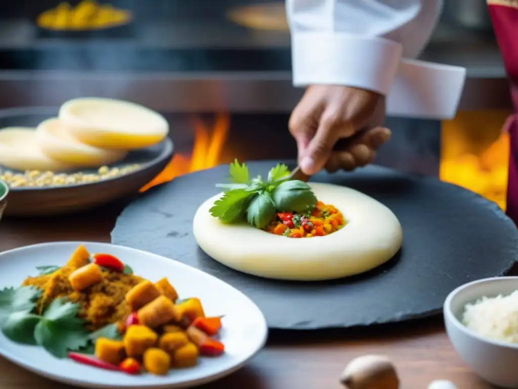 Un chef peruano experto preparando tequeños, con queso andino, aji amarillo y cilantro