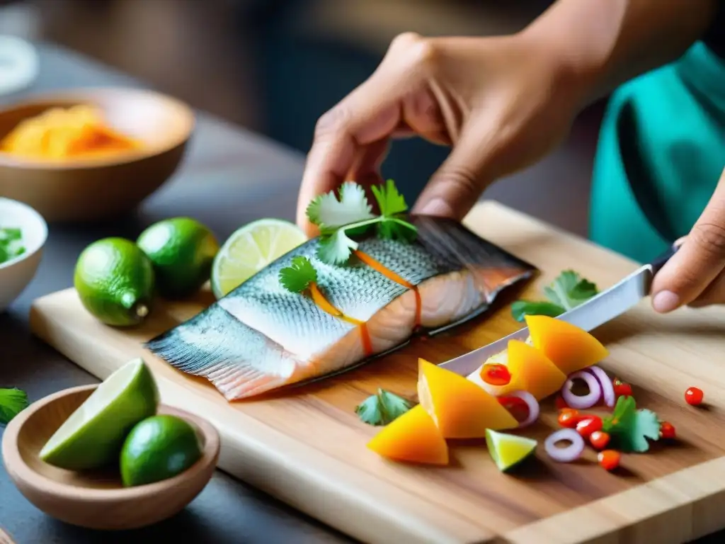 Un chef peruano experto preparando tiradito, resaltando la destreza y sabores del plato