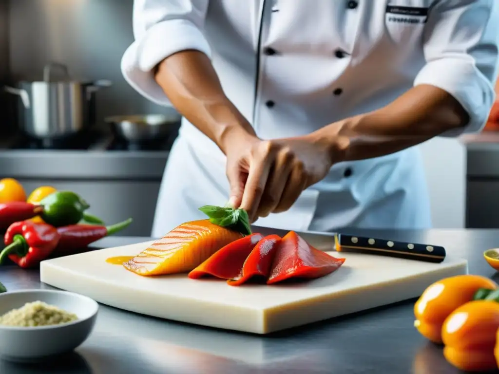 Chef peruano experto preparando Tiradito con precisión Un chef peruano experto preparando tiradito de pescado con precisión, resaltando la frescura y colores vibrantes de los ingredientes marinos