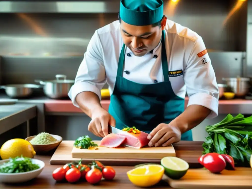 Un chef peruano experto preparando Tiradito con precisión en una cocina llena de ingredientes tradicionales