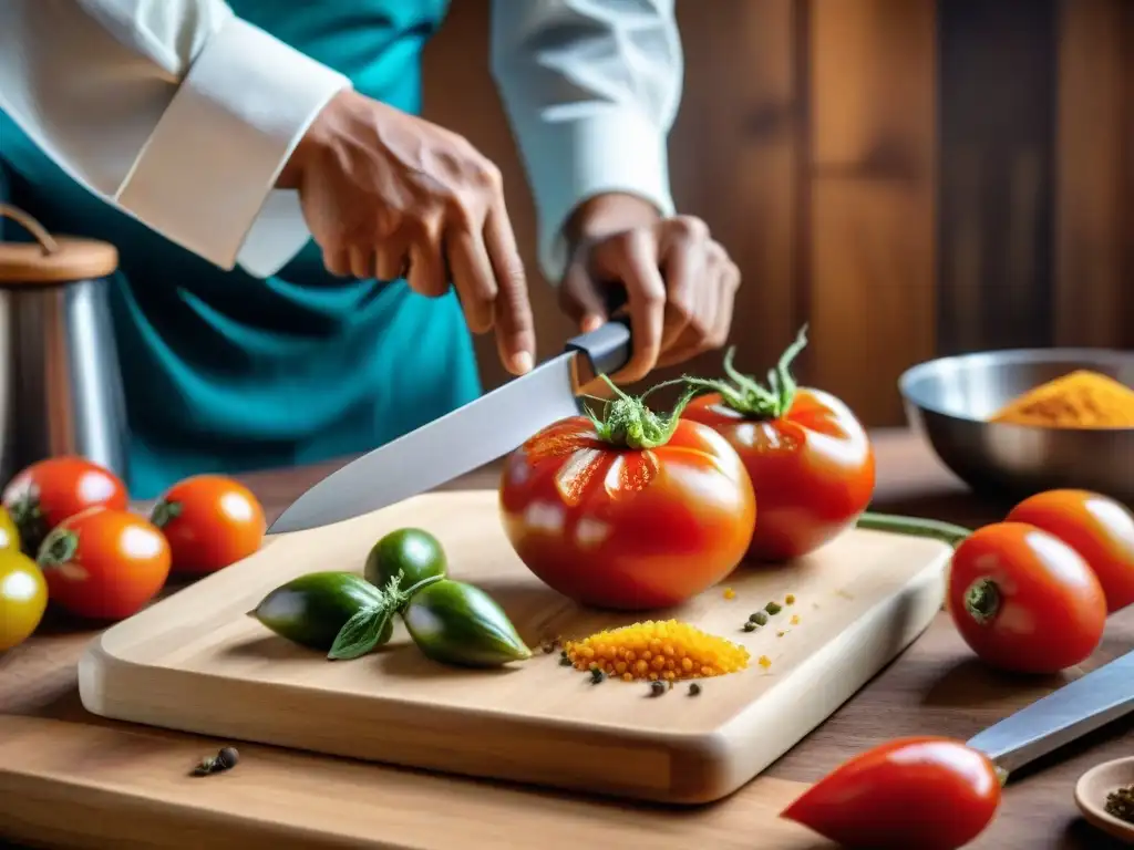 Un chef peruano experto cortando un tomate andino, resaltando la importancia del tomate andino en Perú