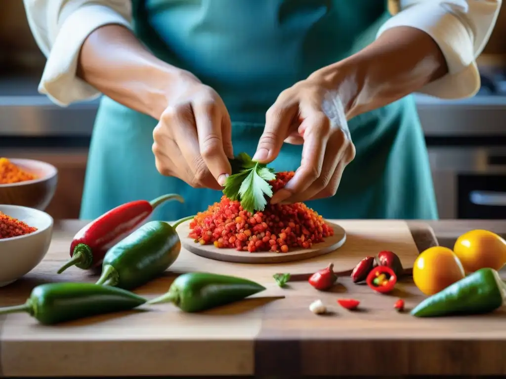 Maestría peruana: chef muele ajíes rojos en batán Un chef peruano experto usando una tradicional batán para moler aji rojo, ajo y cilantro