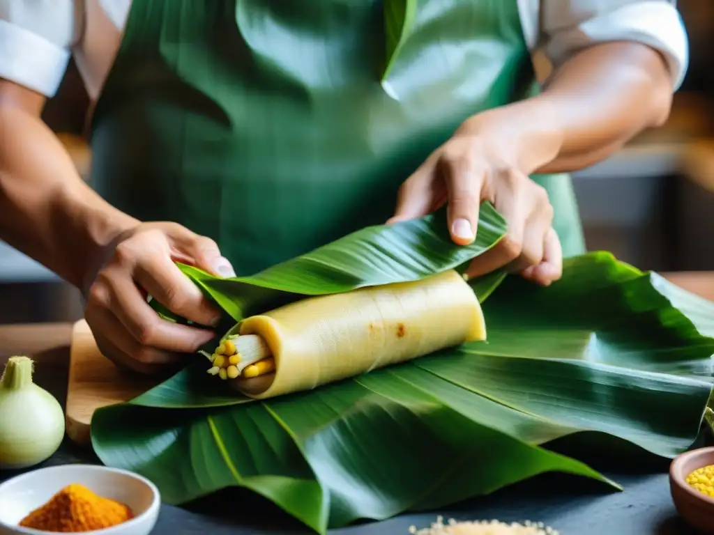 Un chef peruano experto ensambla un tradicional tamal, mostrando capas de masa, carne y rellenos