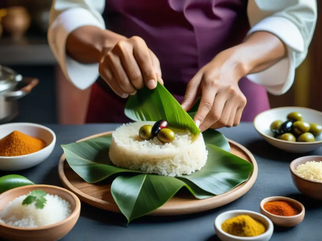 Un chef peruano experto envuelve cuidadosamente un Juane tradicional, destacando la receta auténtica juane peruano en un entorno culinario amazónico