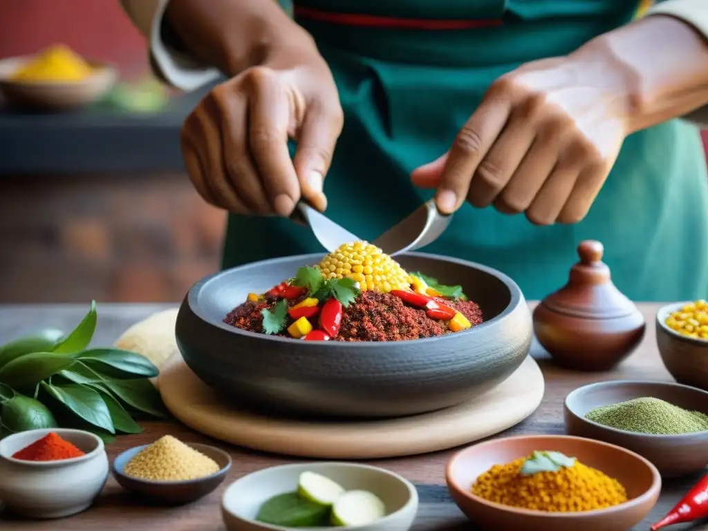 Chef peruano experto usando un batán tradicional para moler ingredientes peruanos